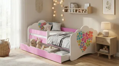 Produktbild von Happy Babies Kinderbett - Mit Matratze & Schublade und Rausfallschutz, 80x160, Mädchen Kinderbetten & Jugendbett Jungen Kids Bed