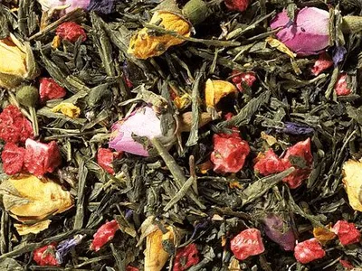 Produktbild von 1 kg  Grünteemischung Sencha Frühjahrstee Himbeer-Note aromatisiert
