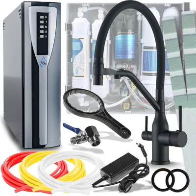 Produktbild von Wasserfilter Set Magneto mit 3-Wege Küchenarmatur Schwarz Matt, ausziehbare Brause, 360° schwenkbar, Wasserfilter-Anschluss