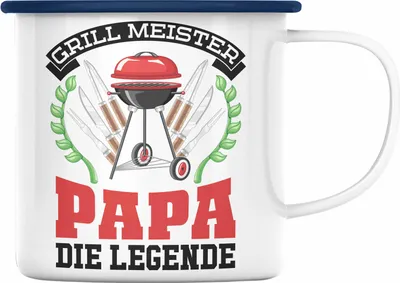 Produktbild von Trendation - Papa Grillen Geschenk Emaille Tasse Sommer Emaille Emaille Tasse Becher Vatertag Geschenkidee (Blau)