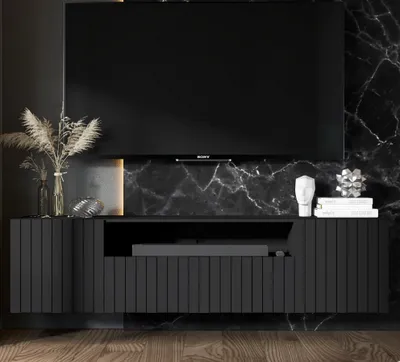 Produktbild von TV-Wandschrank TV-Schrank Glamour Elpis 2 Dreitürig  Modern Lindner Möbel 150cm x 37,5cm x 36,5cm Farbe: Schwarz matt - Italienische Tiefmattfolie