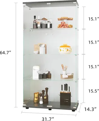 Obrázek produktu pro Skleněná vitrína – stojací vitrína s dvojitými dvířky – 4 police na sběratelské předměty, knihy a víno – moderní minimalistický styl – černá