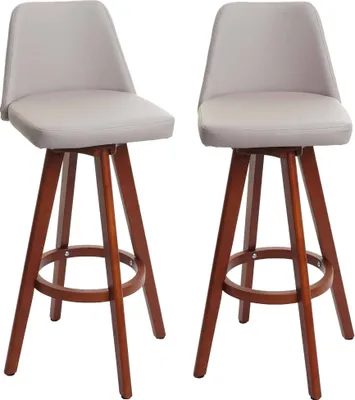 Two bar stools with gray seats and wooden legs are shown against a white background.