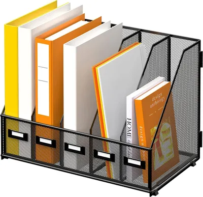 Imagen del producto de Organizador de escritorio metálico, con 5 compartimentos verticales, para documentos, papel tamaño A4, ideal para la oficina