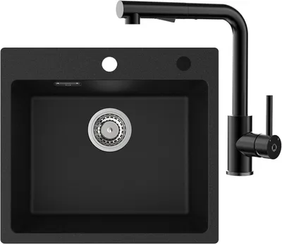 Produktbild von CECIPA max Spülbecken Schwarz 55x45cm, Küchenspüle aus Granit, 80% Quarzsand Küchenspüle inkl Siphon & Über，Mit schwarzer Auszieharmatur