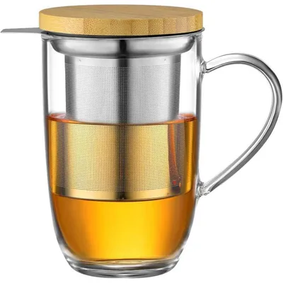 Produktbild von Teetasse 440 ml Borosilikatglas mit Edelstahlsieb und Bambusdeckel
