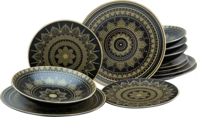 Produktbild von CreaTable, 23588, Mandala Schwarz, Tellerset 12-tlg, Steinzeug