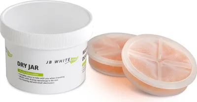 Produktbild von JB White Trockendose mit 2 Stück XXL (78mm / 40g) regenerierbaren Trockenkapseln zur Trocknung von Elektronik, Hörgerät, Otoplastik und Actioncam, Trockenbecher für Hörgeräte (Ø 8,5cm / H 6,5cm)