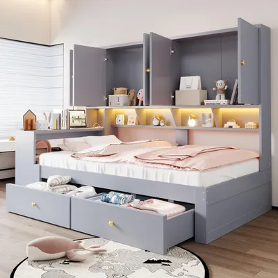 Produktbild von Merax Multifunktionsbett Tagesbett 90x200 cm mit Schreibtisch, Schränken, Schubladen, LED-Beleuchtung und Steckdosen, Kinderbett Jugendbett, Grau