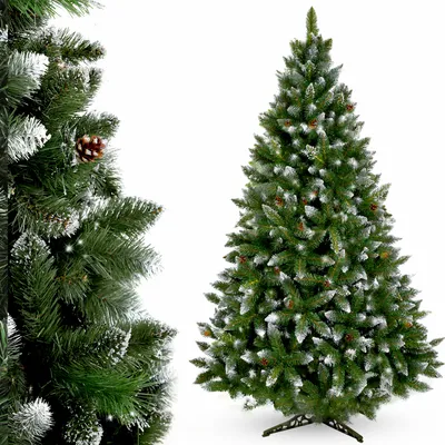 A full artificial Christmas tree with snow and pine cones, and a close-up of its branches.