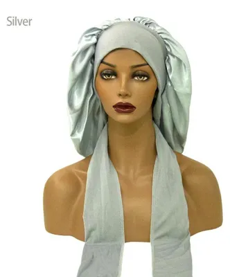 Image de Bonnet de nuit en satin pour femmes - Cache-cheveux de nuit - Écharpe longue - Turban élastique - Protection des cheveux pendant le sommeil - Argenté