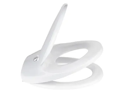 A white toilet seat with an integrated child seat, shown from a side angle with the lid open.