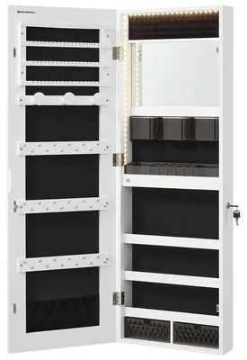Produktbild von Schmuckschrank - Wandmontage-Spiegelschrank - LED-Beleuchtung - Ganzkörperspiegel - Schmuckaufbewahrung - Weiß