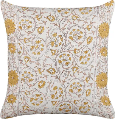 Produktbild von BELIANI Dekokissen Weiß und Gelb Baumwolle 45 x 45 cm Bezug mit Füllung Reißverschluss Blumenmuster Boho Wohnzimmer Schlafzimmer Deko für Bett Sofa
