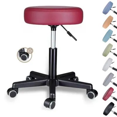 Produktbild von Theo&Cleo Rollhocker höhenverstellbar Drehhocker mit Rollen Bürohocker ergonomisch 360° drehbar 10 cm Polsterung 130 kg Weinrot