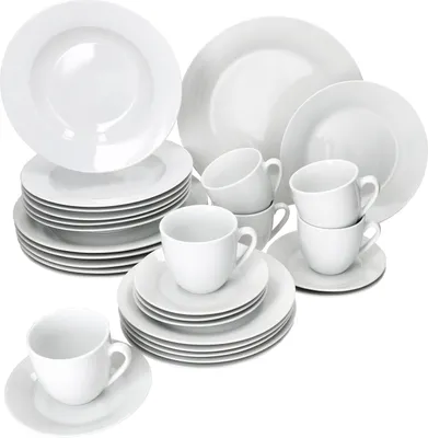 A collection of white ceramic plates and cups arranged on a white background.