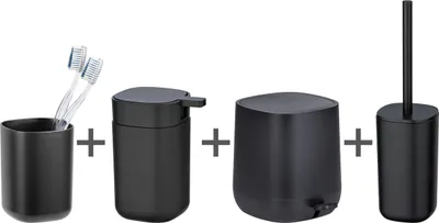 Produktbild von WENKO Bad-Accessoire Set Davos Schwarz Zahnputzbecher Seifenspender Treteimer WC Garnitur