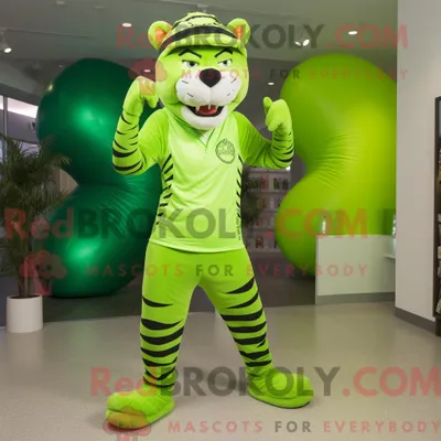 Produktbild von Maskottchen REDBROKOLY eines limettengrünen Tigers mit Yogahose und Beanie