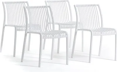 Produktbild von 4er-Set stapelbare Stühle aus glasfaserverstärktem Polypropylen für Außenbereich, Garten, Bars und Restaurants – modernes Design inspiriert von Bambus – OLIMPIA – Weiß