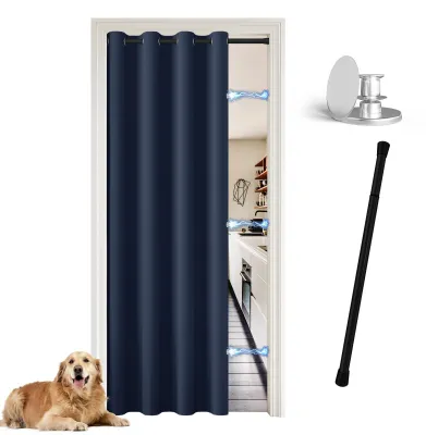 Productafbeelding van Raamgordijn met stang en magneetsluiting, lichtdicht met oogjes, geschikt voor de woonkamer, zonder boren, donkerblauw + uitschuifbare stang zwart, 70-128 cm