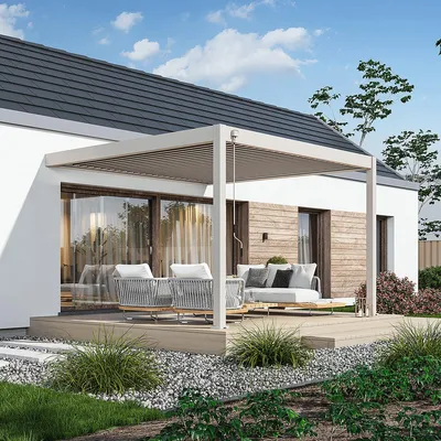 Produktbild von Weide Deluxe Wand-Pergola Voll-Aluminium 3,6x4m mit Lamellendach Ivory Sand