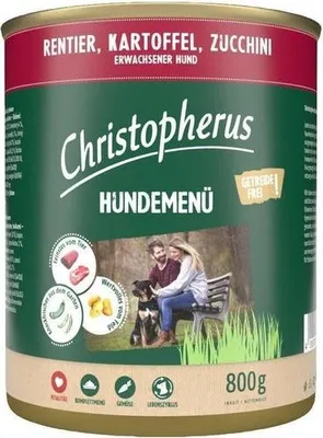 Produktbild von Christopherus Hundemenü mit Rentier, Kartoffel, Zucchini 800g, Adult, jede Rasse, Rind, Kartoffel, Zucchini, 800 g, Ohne Soja