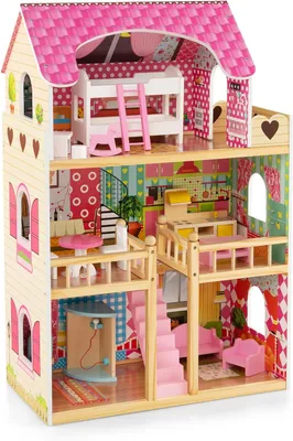 Produktbild von COSTWAY Puppenhaus aus Holz, Puppenstube mit 3 Etagen & 15 Möbel & 6 Zimmern, Traumhaus für Mädchen, Puppenvilla Dollhouse Spielzeug für Mädchen ab 3 Jahren
