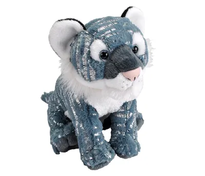 A plush toy tiger sitting on a white background.