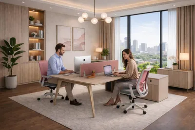 Image de Bureau fonctionnel. Bureau de travail exclusif pour deux personnes. Meubles de qualité