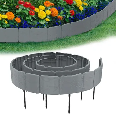 Produktbild von UISEBRT 10er Pack 2,5m Rasenkante Beetumrandung in Grau, Mähkante mit Erdspießen, Steinoptik Beeteinfassung, Gartenbegrenzung für Rasen, Beete & Blumenbeete