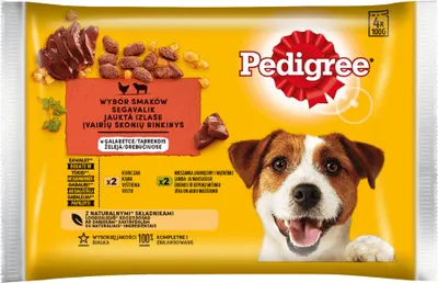 Produktbild von Pedigree Adult Sachet - Selection of Flavours in Jelly, Nassfutter in Gelee für ausgewachsene Hunde (Stücke mit Huhn und Stücke mit einer Mischung aus Lamm und Leber) 13 x (4x100 g)