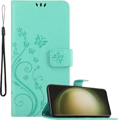 Produktbild von Cadorabo Hülle für Samsung Galaxy S23 ULTRA in FLORAL TÜRKIS Schutzhülle im Blumen Design mit Magnetverschluss, Standfunktion und Kartenfächern Flip Case Flower Cover Etui Handy Klapp Hülle Book Tasche