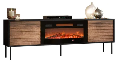 Produktbild von MIRJAN24 TV-Lowboard Cortina 180 mit Kamin, TV-Möbel, mit 2 Drehtüren, Modern, TV-Schrank, Schwarze Stahlfüße, Stehend, Wohnzimmer Kollektion (Farbe: Schwarz / Nuss Warmia)