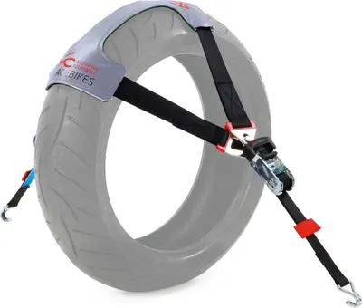 A motorcycle tire with a mounting set attached.