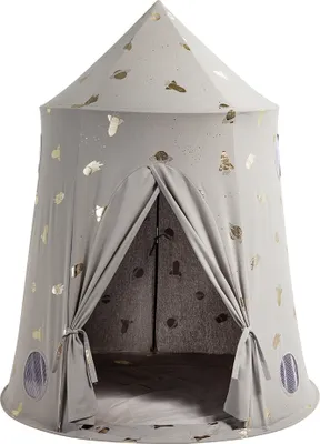 A grey play tent with gold planet and rocket patterns, featuring an open entrance and two circular mesh windows.