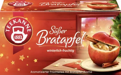 A box of Teekanne 'Süßer Bratapfel' (Sweet Baked Apple) fruit tea, featuring a festive winter theme with an image of a baked apple and a Christmas tree.