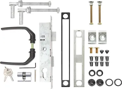 A collection of door lock hardware components laid out on a white background.