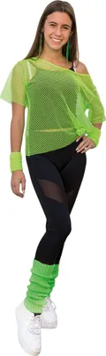 Produktbild von Oblique Unique Netzshirt + Stulpen Set 2-teilig 80er Jahre 80s Karneval Fasching Motto Party für Damen neon grün
