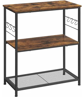 Produktbild von Küchenregal mit 3 Regalen, 6 Haken, Holz und Metall, 80 x 40 x 90 cm