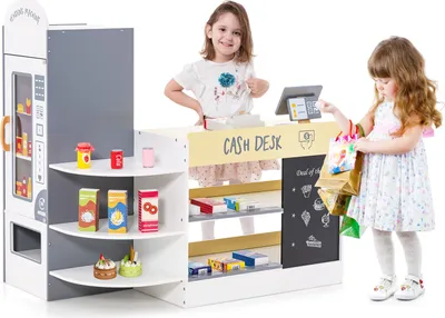 Produktbild von COSTWAY Kinder Kaufladen, Supermarkt-Set mit Kasse, POS-Maschine, Kaufmannsladen aus Holz, für Kinder von 3-8 Jahren (Weiß)