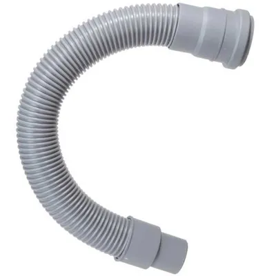 A gray flexible hose with ribbed texture and connectors at both ends, isolated on a white background.