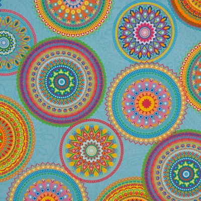 Produktbild von Outdoorstoff Meterware Polyacryl Teflonbeschichtung Mandalas türkis mulitcolor 140cm