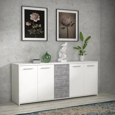 Produktbild von Forte PILVI Sideboard 180, modernes Sideboard mit 4 Türen und 4 Schubladen, Wohn-/Schlafzimmer, Holzwerkstoff, Weiß mit Betonoptik, 179 cm breit x 74,1 cm hoch x 42 cm tief