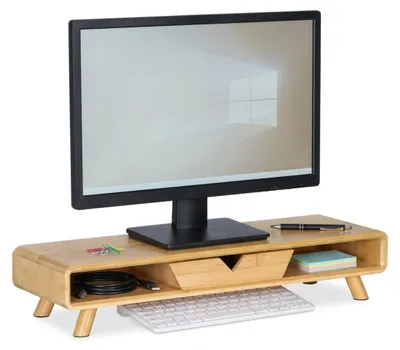 Obrázek produktu pro Stojan na monitor Relaxdays, 2 přihrádky a zásuvka, rozměry: 13 x 62 x 20,5 cm, bambus, na stůl, podstavec pod monitor, přírodní