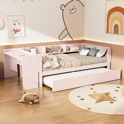 Imagen del producto de Cama infantil de 90x200 con escritorio y estanterías, sofá cama tipo chaise longue con cama extraíble, sofá cama para adolescentes con somier, sofá cama para invitados, cama para adolescentes, color rosa, sin colchón