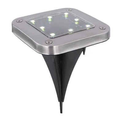 A solar-powered garden light with a stake.