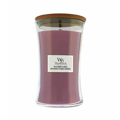 A WoodWick candle with a wooden lid.
