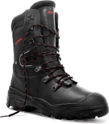 A black work boot with red and black laces is shown against a white background.