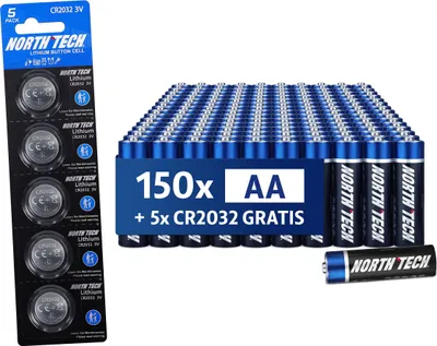 A pack of button cell batteries and a large quantity of AA batteries are displayed.