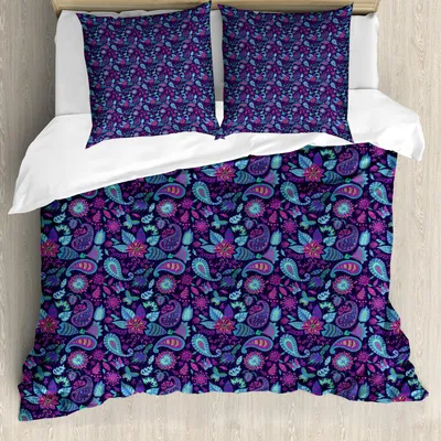 Produktbild von ABAKUHAUS Blatt drucken Bettbezug Set, Zusammensetzung von Paisley und Blumen Oriental Arrangement persischer Teardrop Motive, 155 x 220 cm + 80 x 80 cm, Mehrfarbig